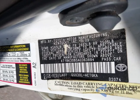 2010 Toyota Avalon Xls z USA, uszkodzony, nr VIN 4T1BK3DB5AU363884
